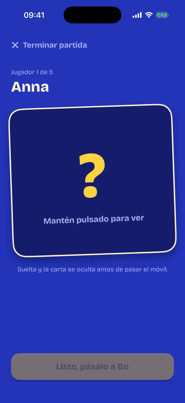 Una carta oculta que el jugador mantiene pulsada para verla