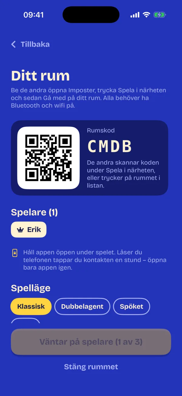 Värdens rum med QR-kod och rumskod som de andra går med på
